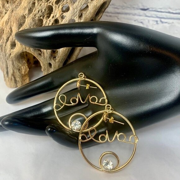 D' Bello Gold Tone LOVE Rhinestone Hoop Earrings - Picture 1 of 6